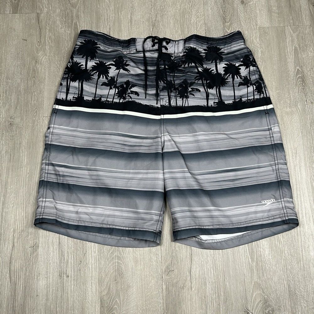 Speedo Mens 2XL Gray Black Tropical Swim Trunks Board Shorts Lined Palm Trees - Picture 1 of 8
